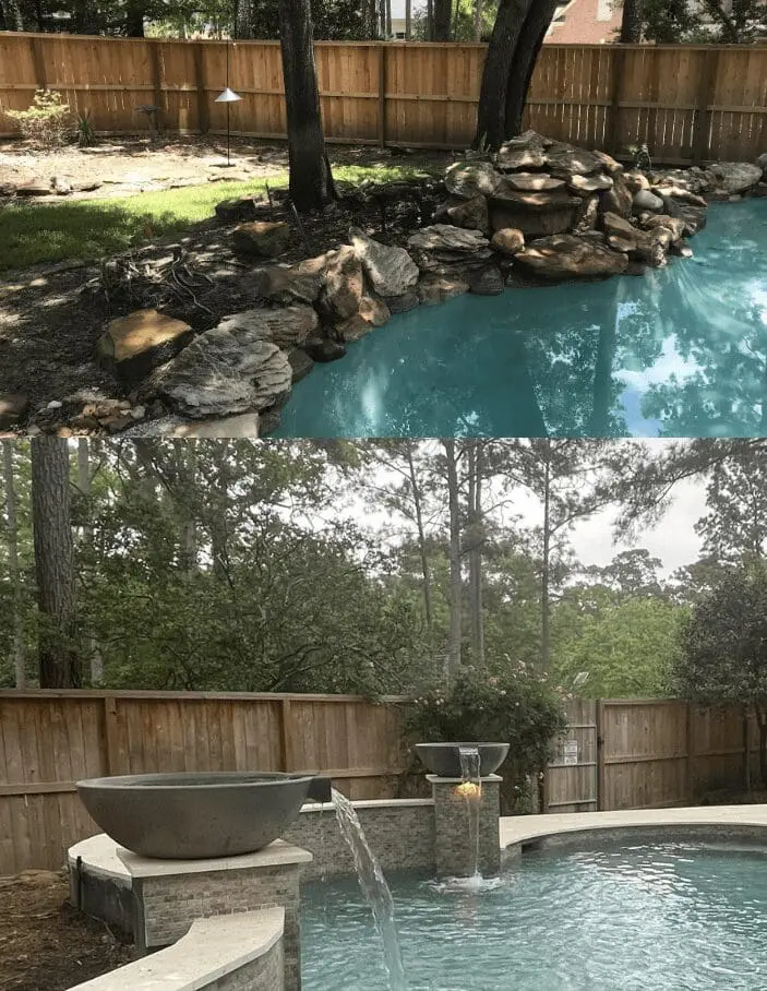 Before and after pool renovation showing transformation from rock waterfall to modern design with custom water bowls in The Woodlands, Texas
