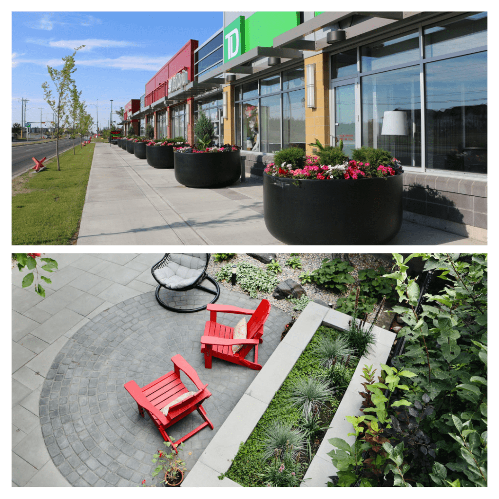 Commercial storefront with large planters and modern landscape design