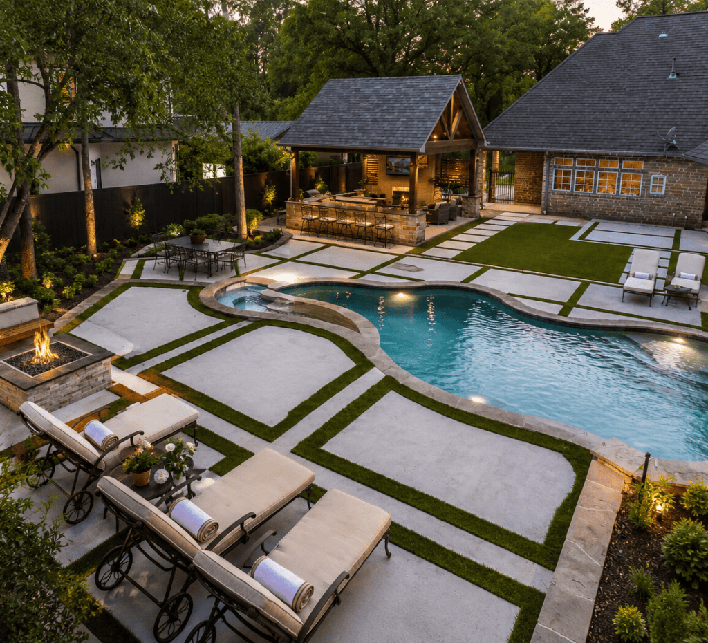 Master planned outdoor living design featuring a custom patio cover, outdoor kitchen, pool, fire feature, and landscape architecture in The Woodlands, Texas.